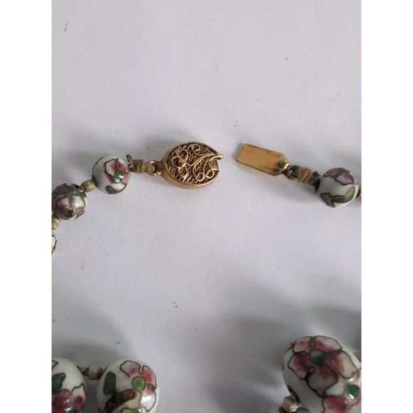 VTG Chinese White Pink Cloisonne Paint Style Knotted Glass Bead 27" Necklace - Picture 14 of 14
